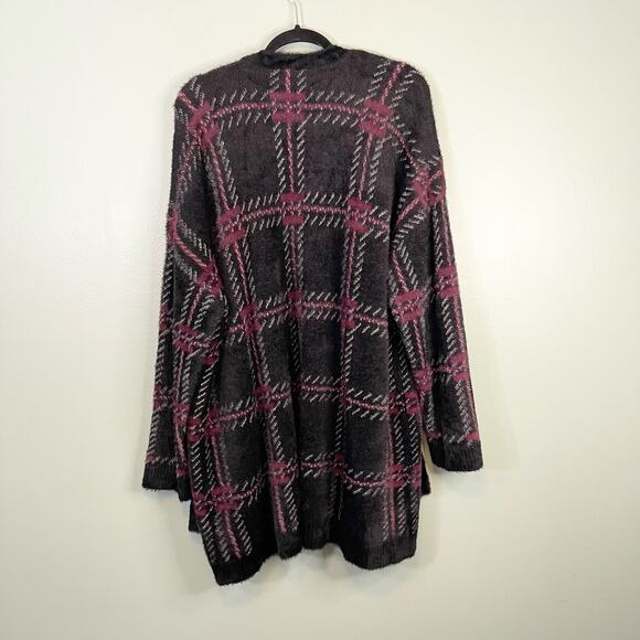 1 State Cardigan Womens XL Black Purple Plaid Long Sleeve Open Front Fuzzy Fur - Picture 2 of 7